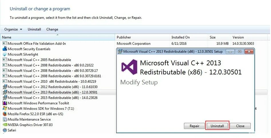Visual c 2005 2015. Microsoft visual c++ repair или uninstall. microsoft visual c 2013 redistributable x86 12.0.30501 что нажать. microsoft visual c++ 2013 redistributable (x86) - 12.0.30501 что. распространяемый visual c 2013.