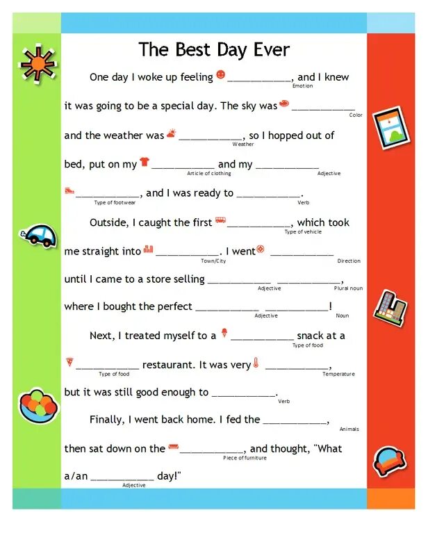 Fill in fun. Funny story for writing. funny sentence verlag.