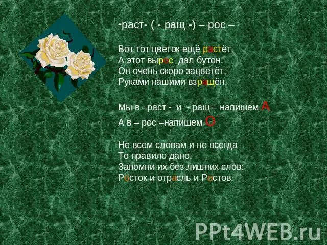 Раст рос. Раст ращ. Раст рос правило. Стих про раст. Слова на раст рос