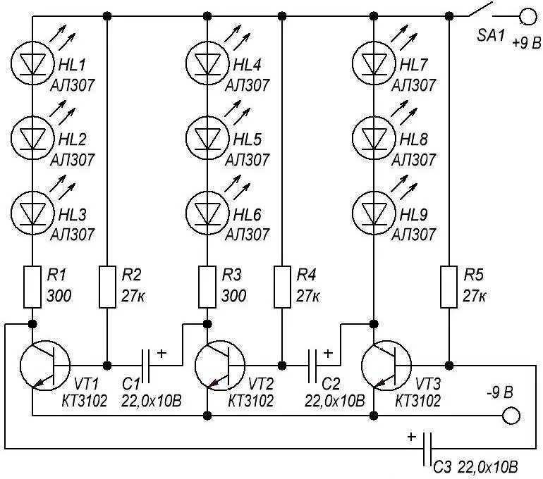 Схема трехфазного мультивибратора. Схема мигалки на светодиодах 12 вольт. Мультивибратор мигалка для светодиодов схема. Схема простой мигалки на светодиоде.