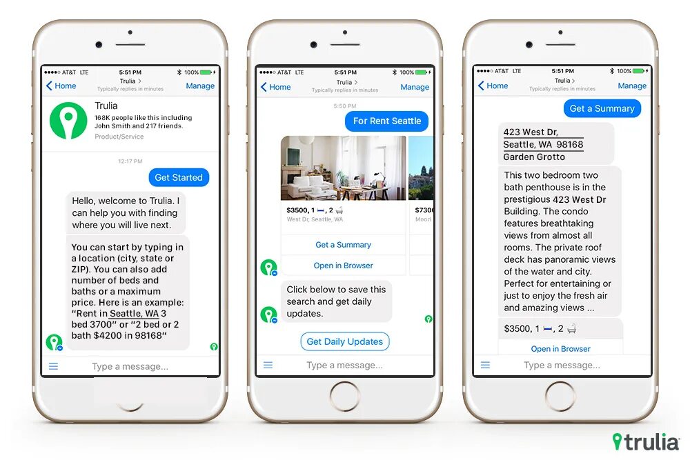 Message 100. Chat bot example. Messenger chatbot. Trulia Rentals. Chatbot real Estate.