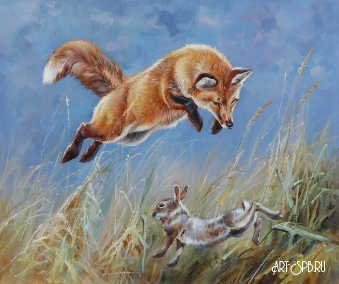 Охота лис на зайцев. Живопись лиса охота. Лиса охотится за зайцем. Лиса гонится за зайцем. Заяц бежит от лисы.