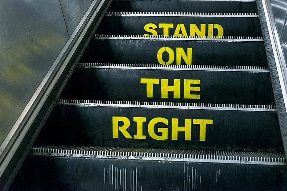Stand right. Escalator signs in underground. right inside. standing on the right and left escalators. standing on the right and left of holborn&#039;s escalators.