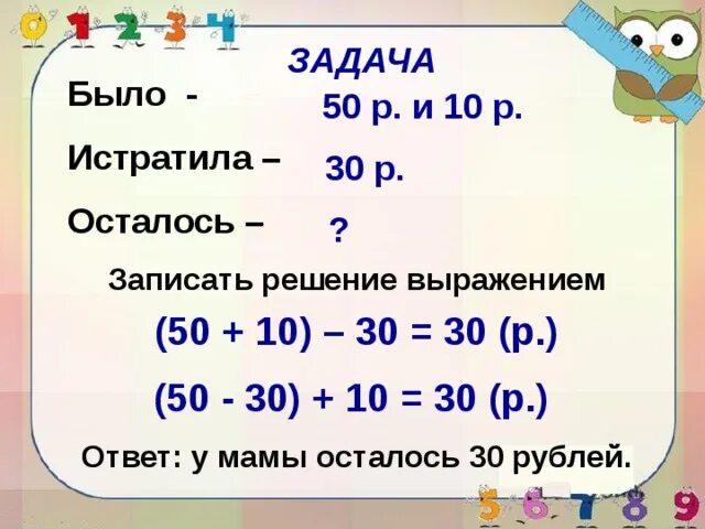 Задача было 500 рублей. Записать решение выражением. Записать решение задачи выражением. У мамы было 50р и 10р. У мамы было 50р и 10р она купила.