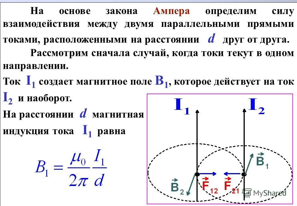 Изменения ампер. Закон Ампера для двух проводников с током. Взаимодействие проводников с током закон Ампера. Сила Ампера два параллельных проводника. Сила взаимодействия закон Ампера.