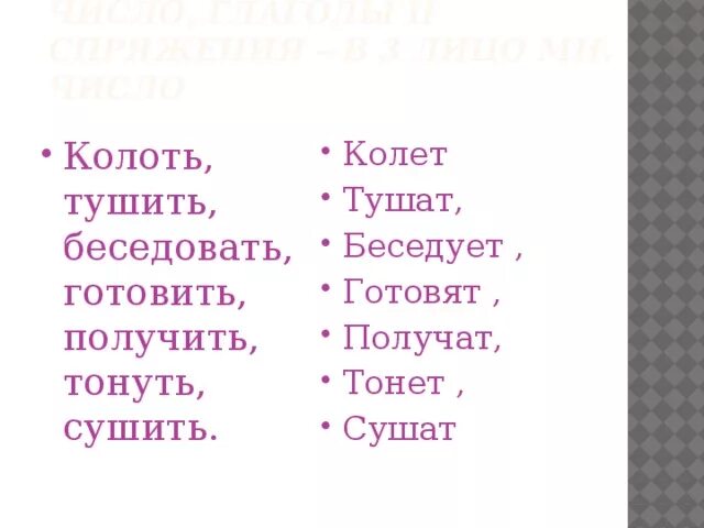 Колоть тушить беседовать готовить. Колоть 3 лицо единственное число. Колоть во множественном числе. Тушить в 1 спряжение 3 лице в ед числе.