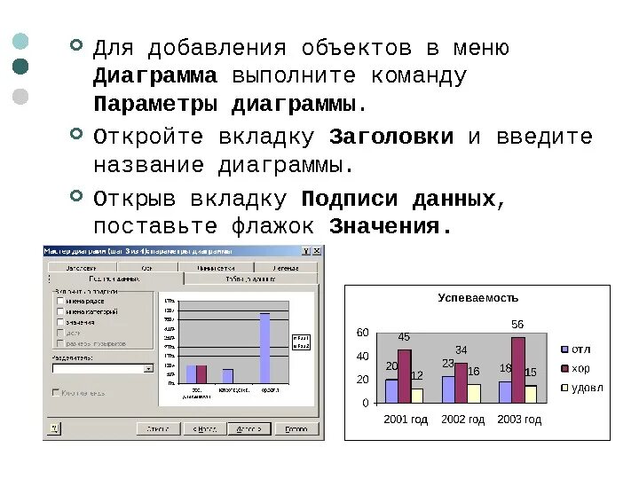 Изменить значения в диаграмм. Параметры диаграммы. диаграмма меню. подписи данных.