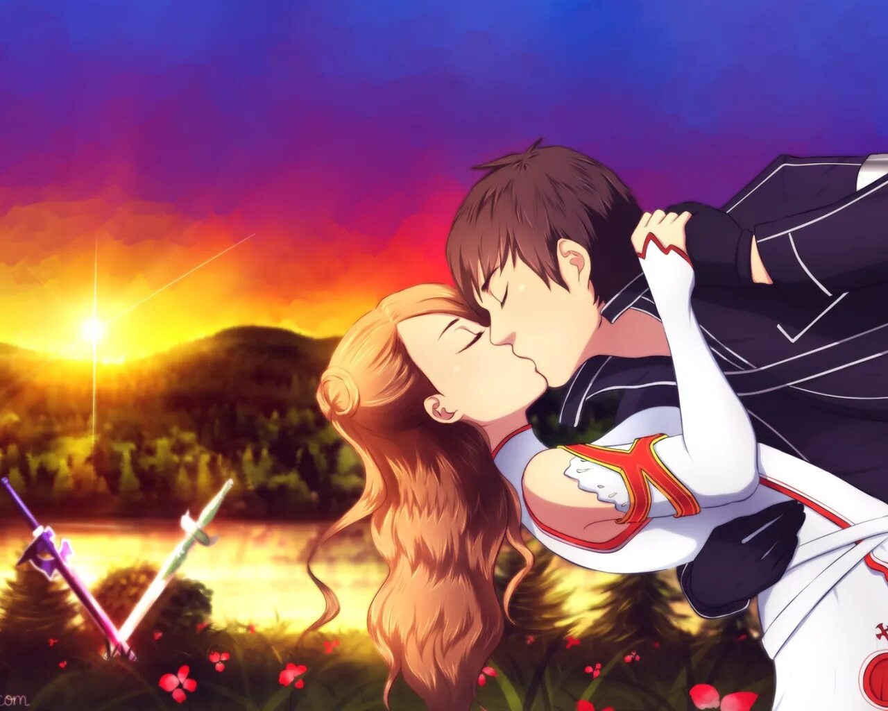 Обнимающий мастер меча. Кирито и Асуна. Кирито и Асуна поцелуй. Kirito Asuna поцелуй.