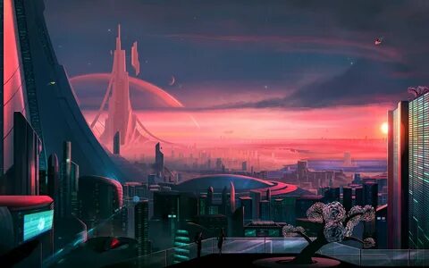 space art, city, science fiction, futuristic, red sky, JoeyJazz. space art,...