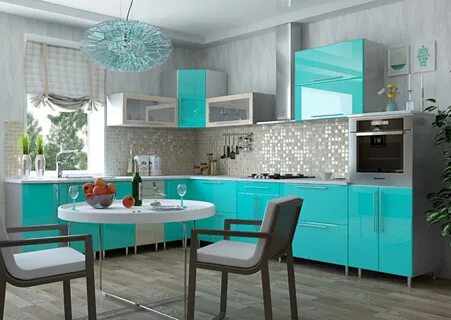 Серо бирюзовая кухня