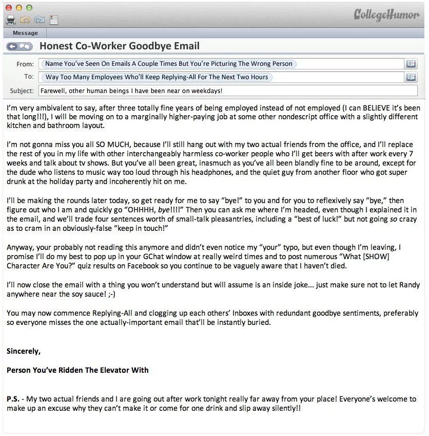 Who is the e mail from to. Farewell to colleagues. goodbye email example. email subject. goodbye colleague.