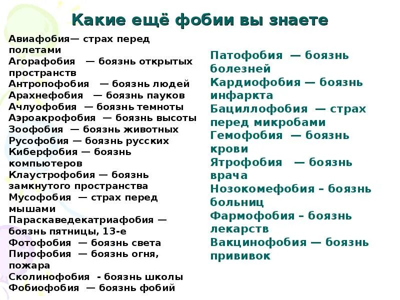 Как называется боязнь больших. Психологические страхи список. Фобии человека список. Какие страхи бывают у людей. Фобии список самых распространенных.