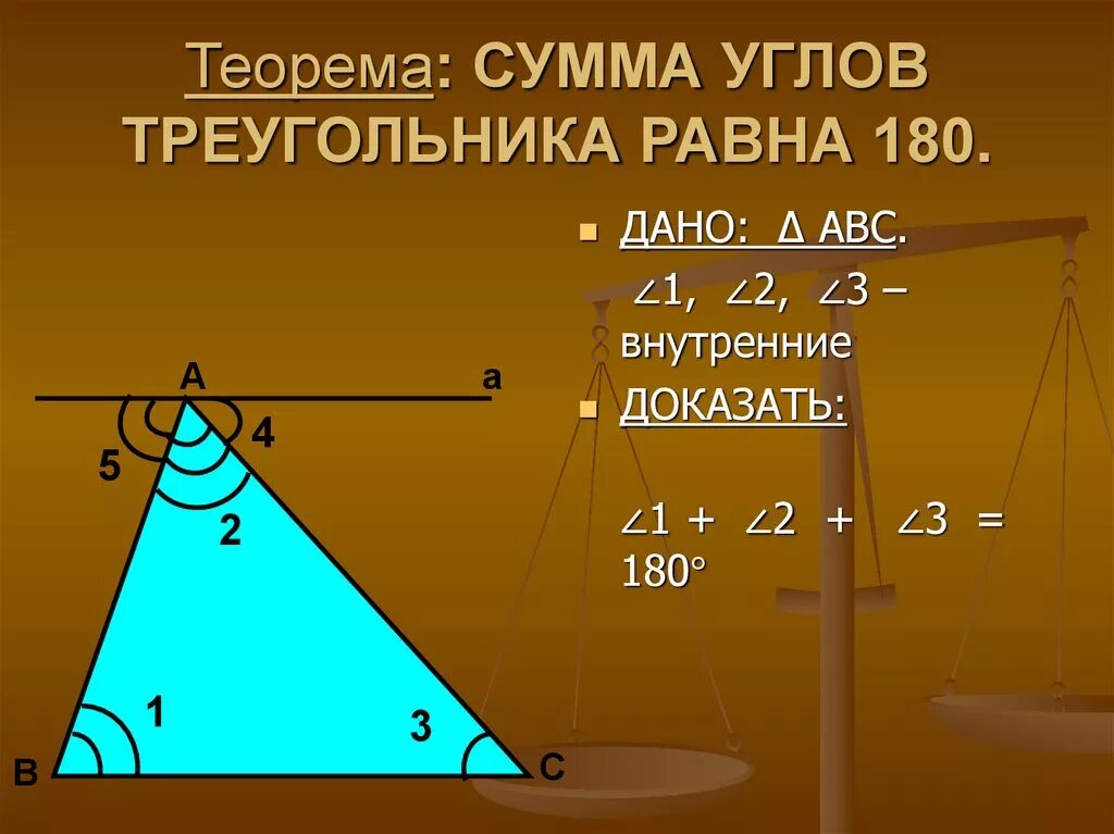 Теорема. Сумма внутренних углов треугольника равна 180о .. Теорема о сумме углов треугольника. Доказательство теоремы о сумме углов треугольника 7 класс. Теорема о сумме углов треугольника 7. Доказательство сумма углов треугольника равна 180 градусов