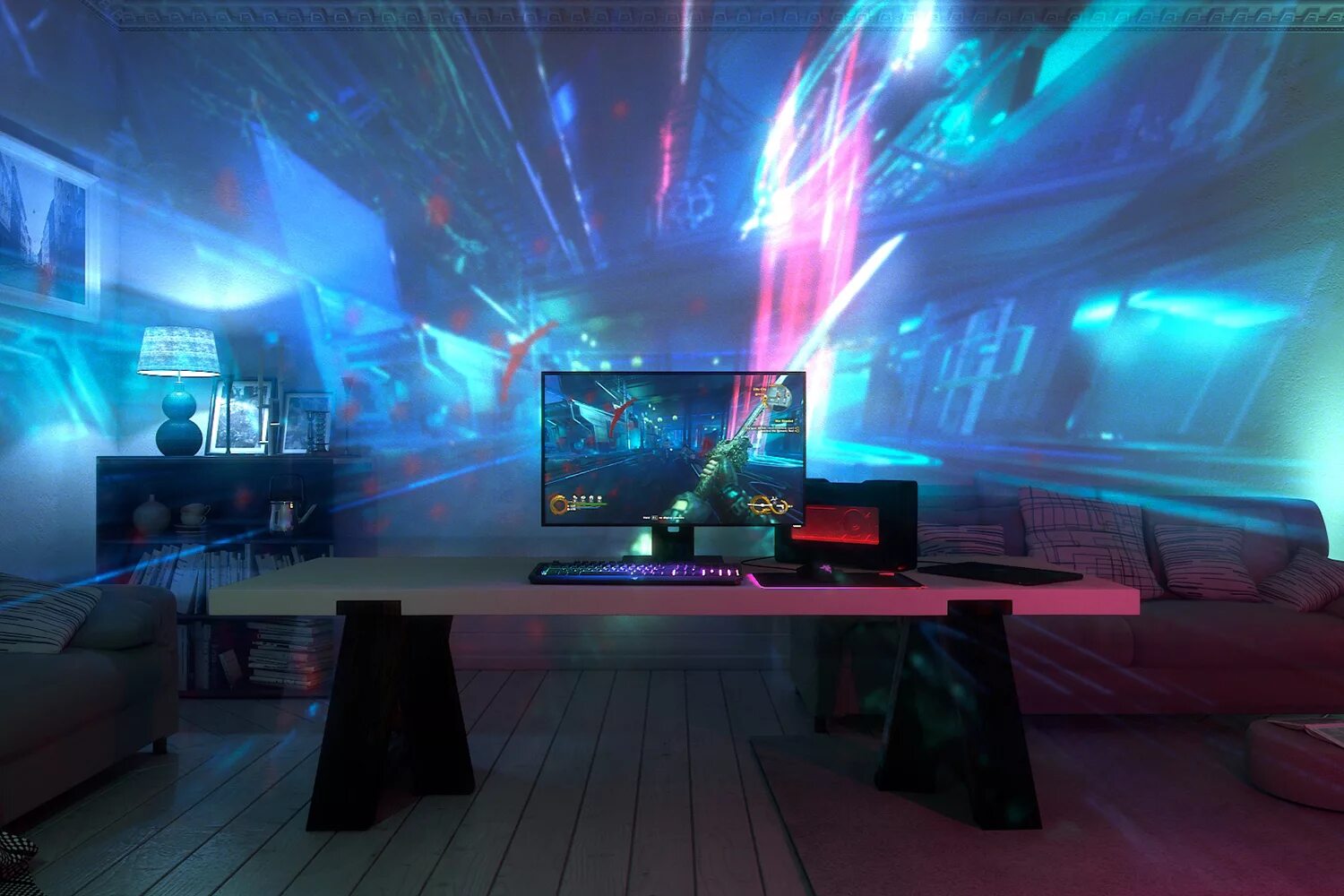Комната с подсветкой. Декор для геймерской комнаты. Фон комнаты геймера. Сомбра комната. Геймерские комнаты с подсветкой.