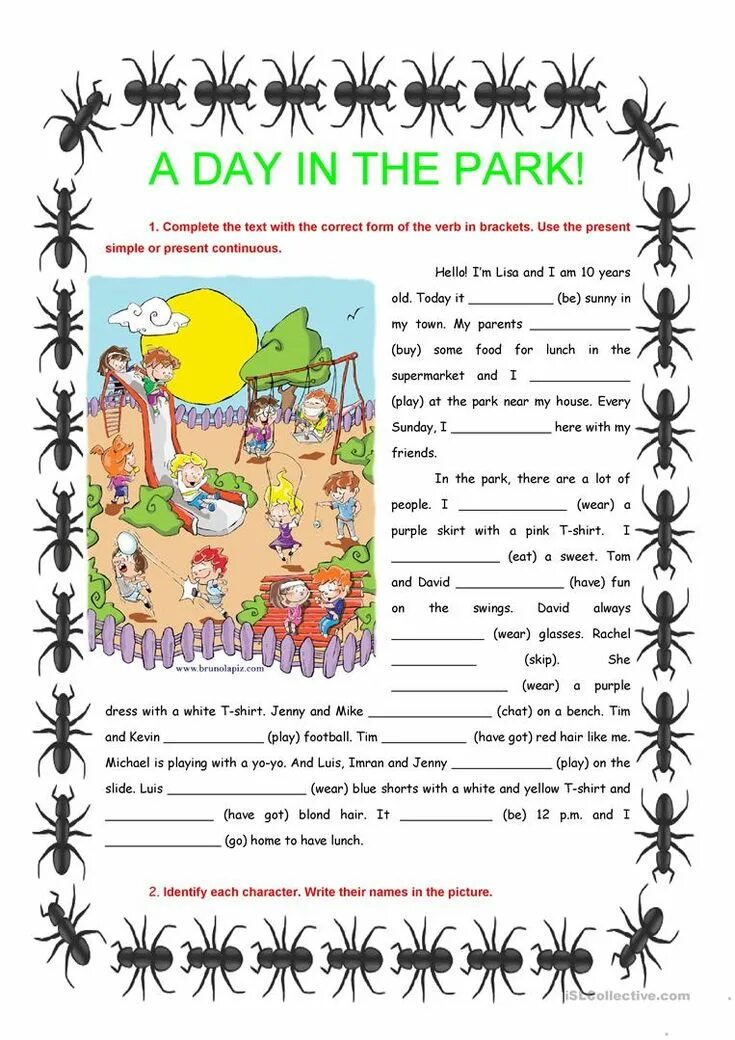 Present Continuous чтение. Present Continuous воркшит. Present Continuous Worksheets for Kids 3 класс. A Day in the Park ответы. Present continuous worksheets 3