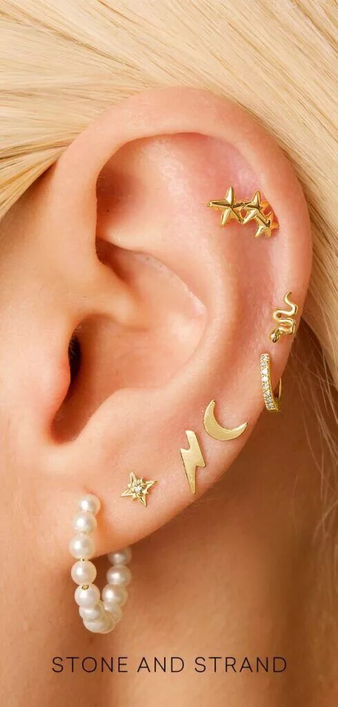 Каффы для ушей с проколом. Edgy earrings. Gold ear. Сережки горы. Каффы серьги золото.