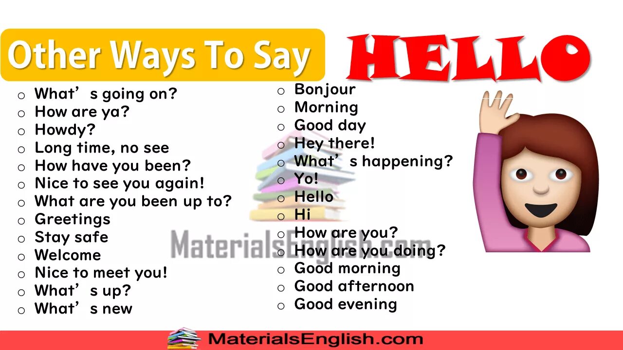 To say said hello. Other ways to say how are you. Other ways to say hello. Different ways to say hello. Ways to say hello in English.
