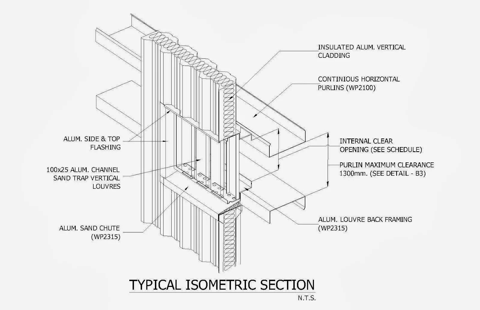 Detail. Sand Trap Louvers. CLT Vertical facade detail. Retractable Sliding Louver Section drawing.