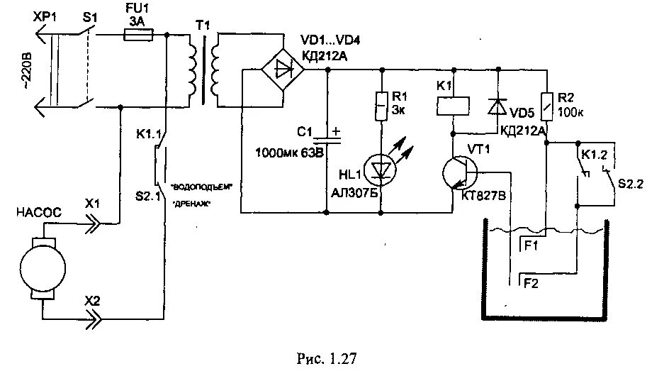 Простейшая автоматика. Принципиальная электрическая схема дренажного насоса. Принципиальная электрическая схема водяного насоса. Схема подключения водонапорной башни электрическая. Схема включения насоса по уровню воды.