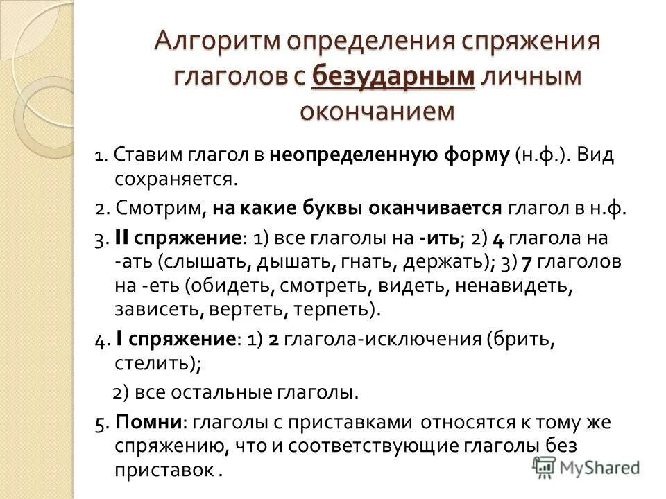 Как определить спряжение глагола презентация. Алгоритм определить спряжение глагола. Алгоритм определения спряжения. Алгоритм нахождения спряжения глаголов. Алгоритм спряжения глаголов.