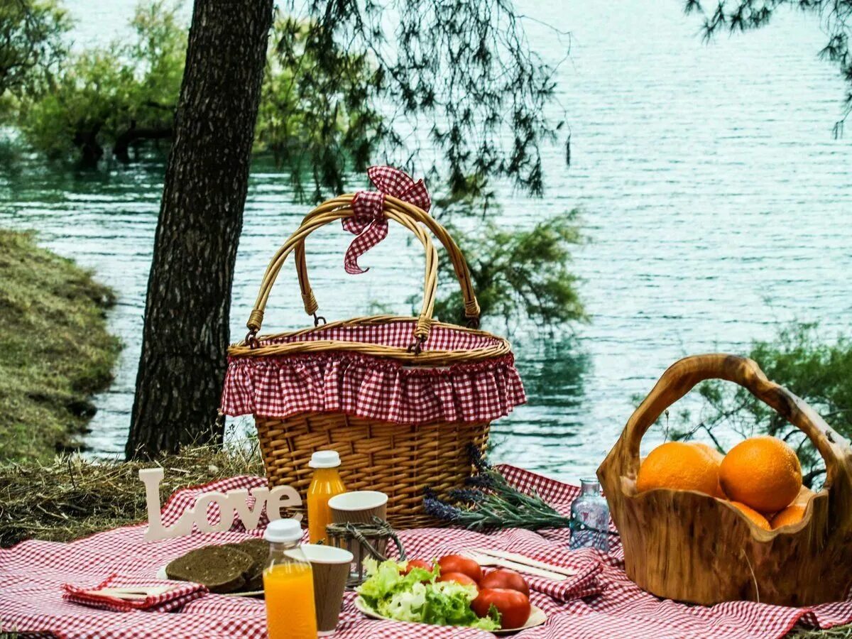 Корзинка для пикника. Весенний пикник на природе. Праздник на природе. Пикник у озера. Летний пикник