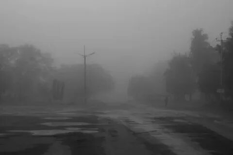Темные улицы покрывал туман