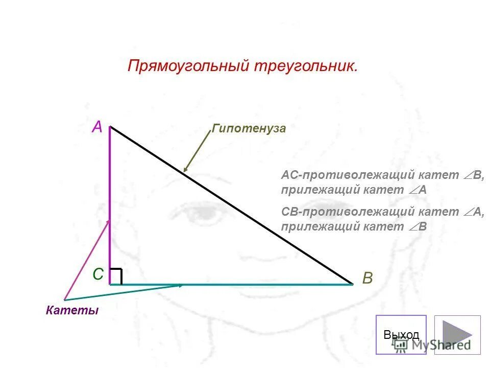 Катеты в прямоугольном треугольнике образуют угол какой. Прилежащий и противолежащий катет. Противолежащие прямоугольные треугольники.