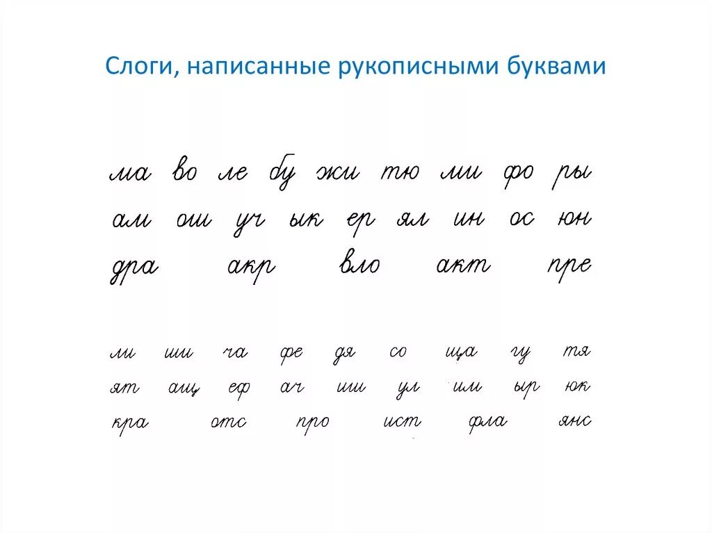 Письмо слогов. Письменные слоги. Прописные слоги. Соединение слогов.