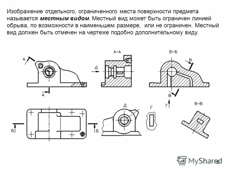 Обозначение видов на чертеже местный разрез. Обозначение местного разреза на чертеже. Обозначение разреза на чертеже ГОСТ. ЕСКД местный вид. Виды местных разрезов