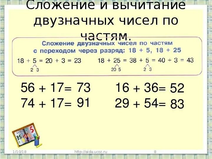 Математика 2 класс вычитание двузначных чисел. Сложение двузначных чисел по частям. Алгоритм устного сложения и вычитания двузначных чисел 2 класс. Способы вычитания чисел 2 класс математика. Примеры просто примеры считать