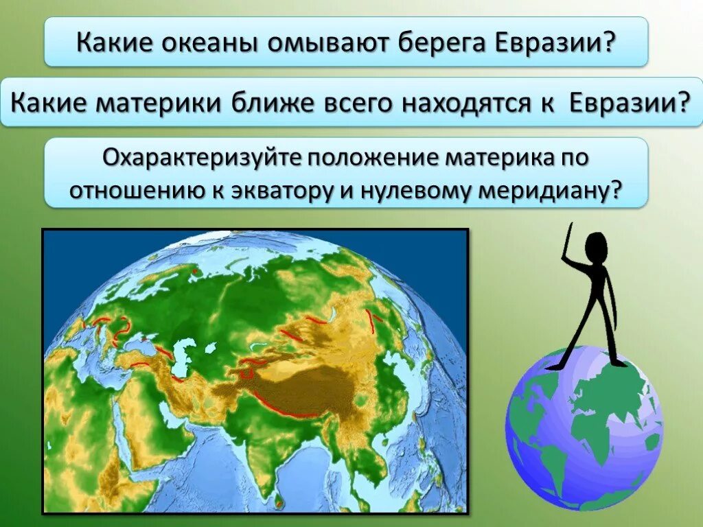 Определите океаны омывающие евразию. Какие океаны омывают берега Евразии. Евразия по отношению к экватору. Положение по отношению к нулевому меридиану. Географическое положение Евразии положение по отношению к экватору.