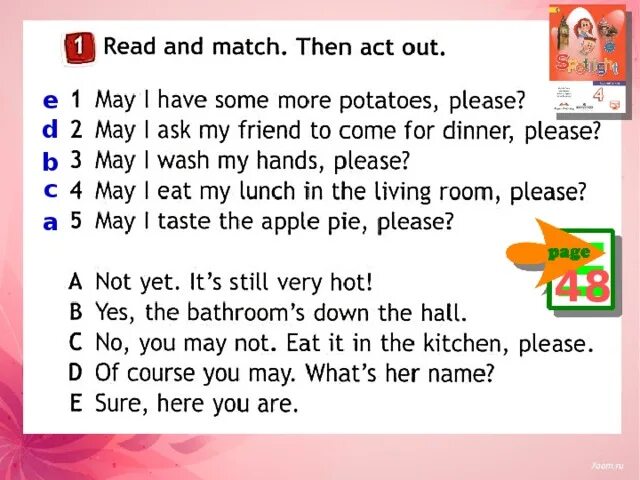 Вопросы со словом May. May 4 класс английский язык. Задания May i come in. Английский язык read and Match.
