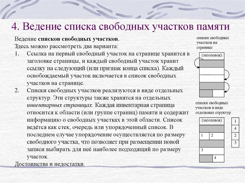 Пространственная память. Физическая организация базы данных. Физическая организация памяти. Ведение списков. Первый своб