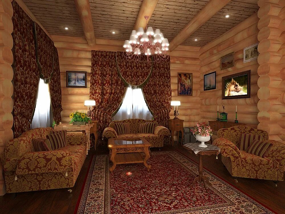 Гостиная в деревянном доме. Гостиная в доме из бревна. Интерьер дачи в русском стиле. Гостиная в бревенчатом доме.