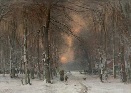 Louis Apol Paintings prev. for Sale Winter landscape with wood.