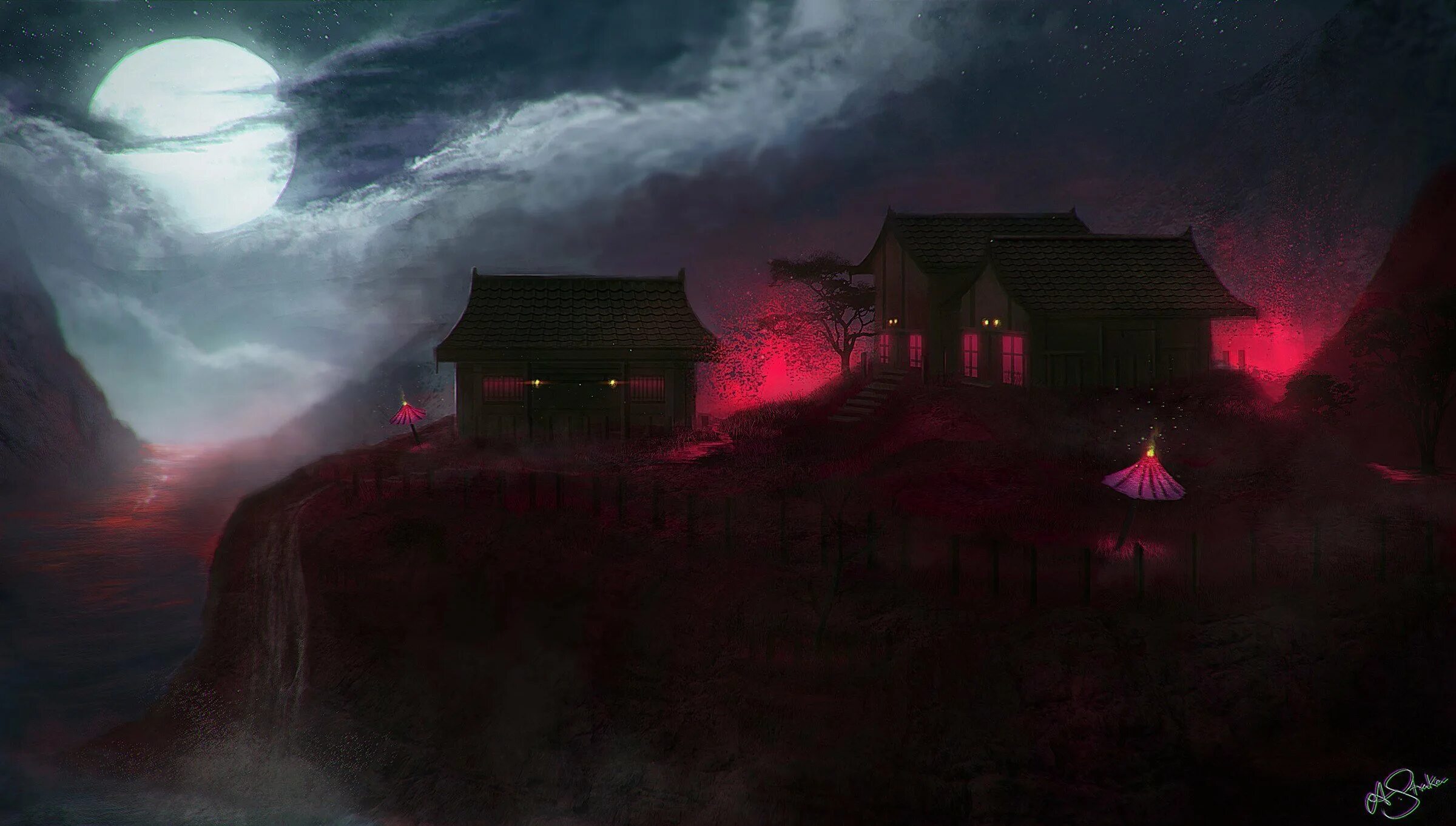 Темная деревня 2. Мистические пейзажи. Мрачный пейзаж. Темный пейзаж. Японская деревня ночью.