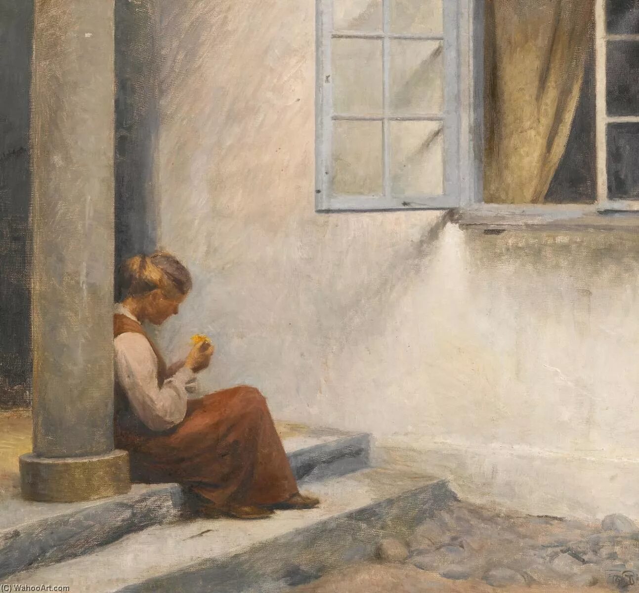 Девочка на крыльце. Художник peter vilhelm ilsted (1861 – 1933). крыльцо живопись. девушка на крыльце.