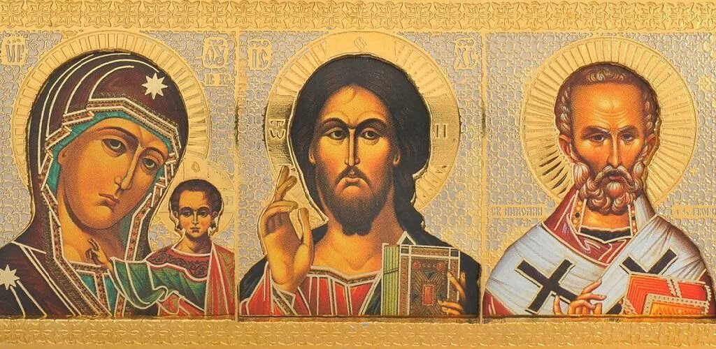 Лучшее качество святых. Икона три лика святых. тройная икона. баннер с иконой. три иконы вместе.