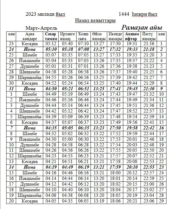 Календарь намаза 2023