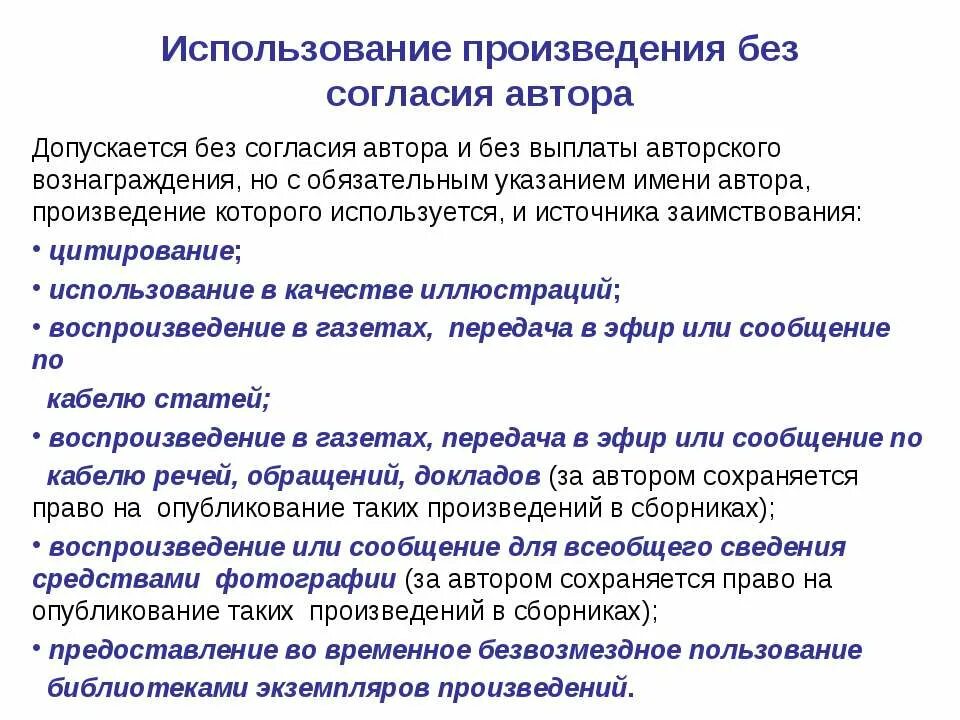 Условия использования произведения. Использование произведения. Использование произведений авторов.. Без согласия автора допускается. Способы использования произведения.