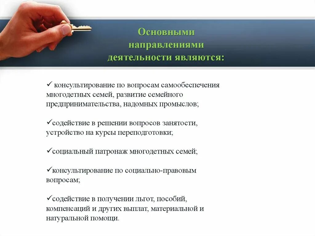 Направления многодетный семей. Консультирование по вопросам самообеспечения. Содействие в решении вопросов занятости. Социальная работа с многодетными семьями. Направлениям работы социального педагога с многодетными семьями.