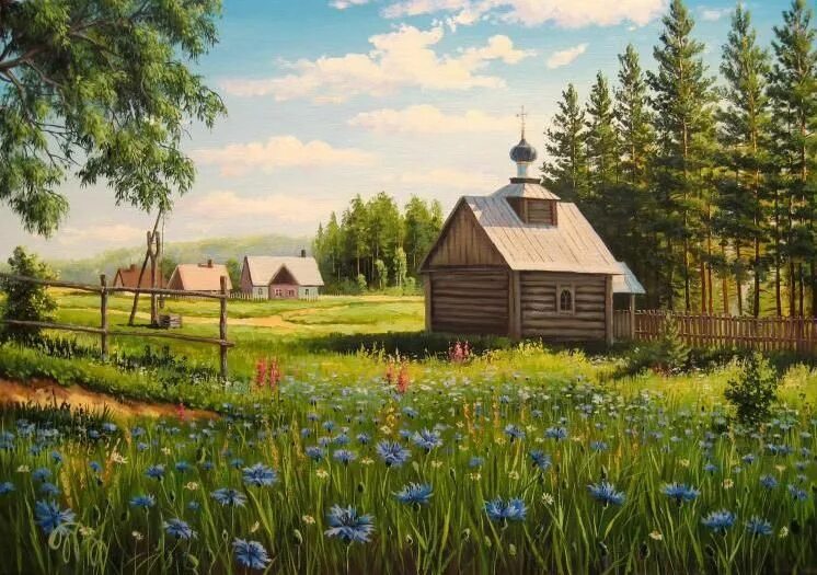 Country scenes. Живопись Натальи Панасюк. Пейзаж с васильками.