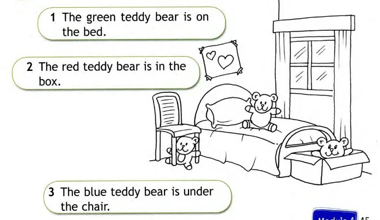 The Green Teddy Bear on the Bed. Read and Colour the Green Teddy Bear is on the Bed. Teddy спотлайт 2 класс. Read and Colour 2 класс. Under bear перевод