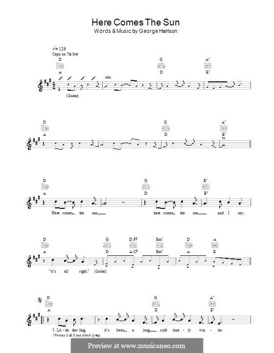 Here comes the sun аккорды. Here comes the Sun табы для гитары. Here comes the Sun табы. Ноты Битлз here comes.