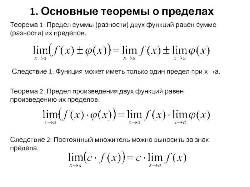 Теоремы о пределах функции. Теорема о пределе произведения двух функций. Основные теоремы о пределах. Основные теоремы о пределах суммы.