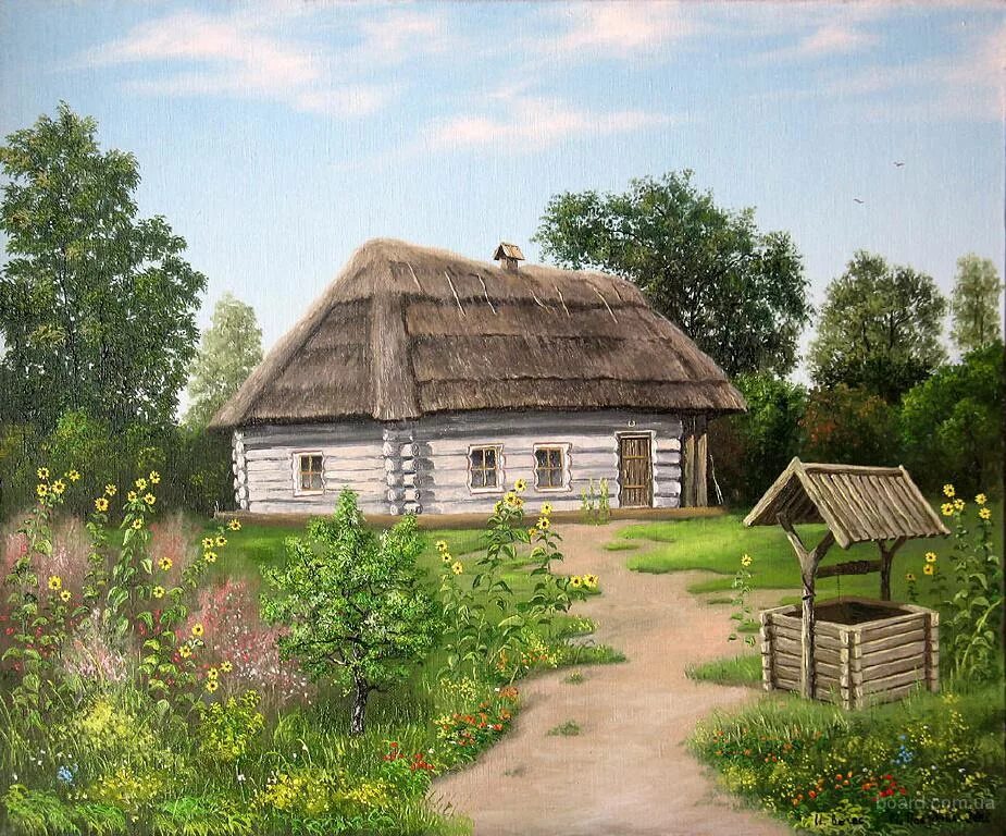Мальвы деревня куры живопись. Украинская сельская хата-мазанка. Вишневый сад. Садок вишневий коло хати шевченко вірш. Хатка украинская картина.