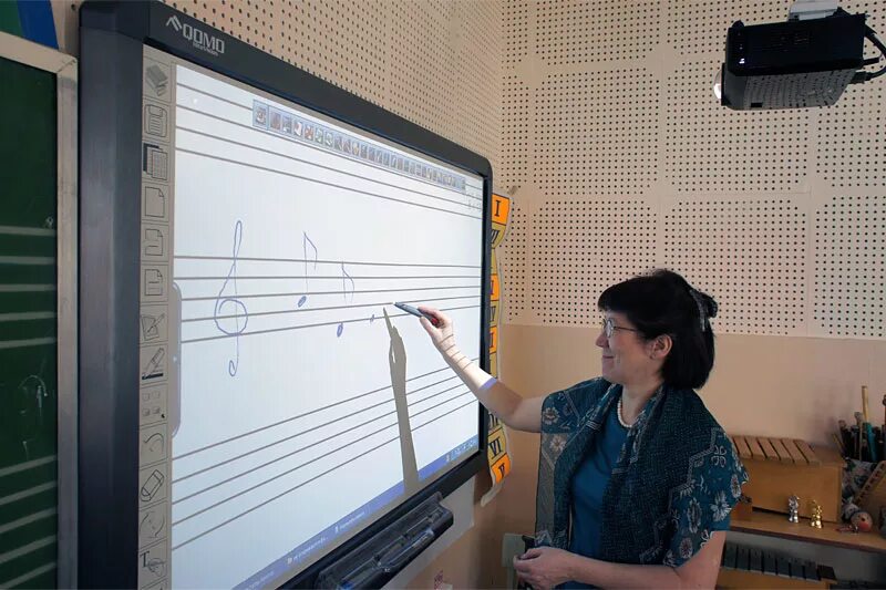 интерактивные доски в образовании. интерактивный урок музыки. ноты на доске. ученики музыкальной школы. мультимедийное оборудование для школы.