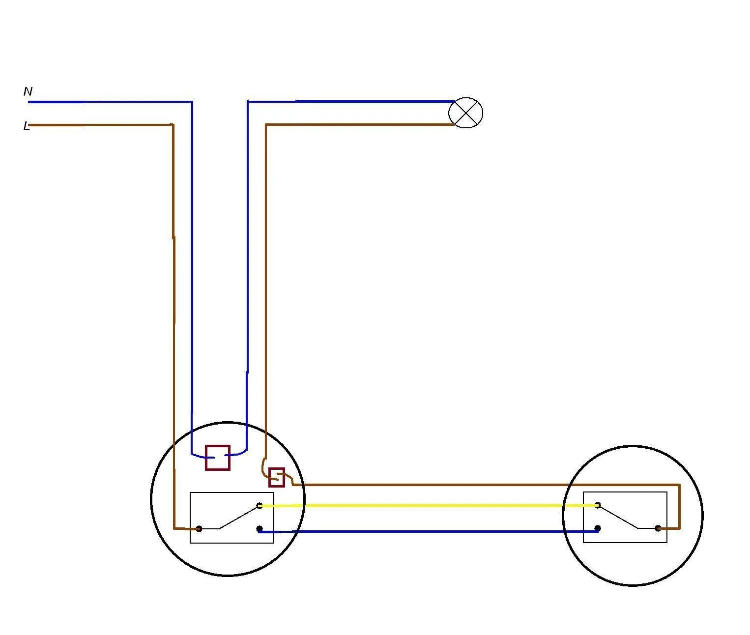 Соединение проходного выключателя. Схема подключения 2х проходных выключателей. Схема подключения проходных выключателей из 2-х мест. Схема подключения проходных выключателей из 2-х. Проходной выключатель из 2 мест схема подключения.