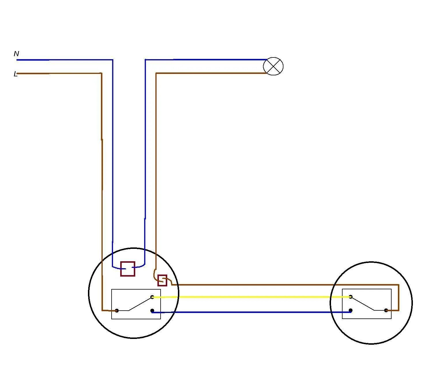 Схема подключения 2х проходных выключателей. Схема подключения проходных выключателей из 2-х мест. Схема подключения проходных выключателей из 2-х. Проходной выключатель из 2 мест схема подключения. Соединение проходного выключателя