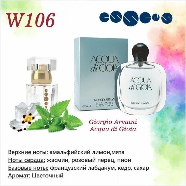 Essence номера. Духи Essence w106. Духи Эссенс 106 аромат. Армани духи женские Эссенс. Духи Эссенс Армани 106.